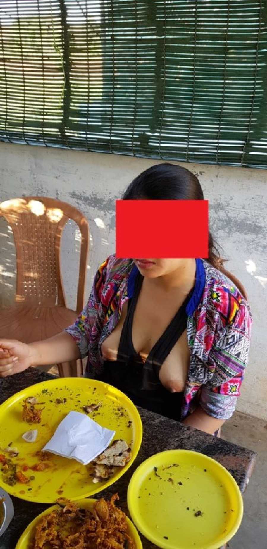 Flashing Boobs in Restaurant