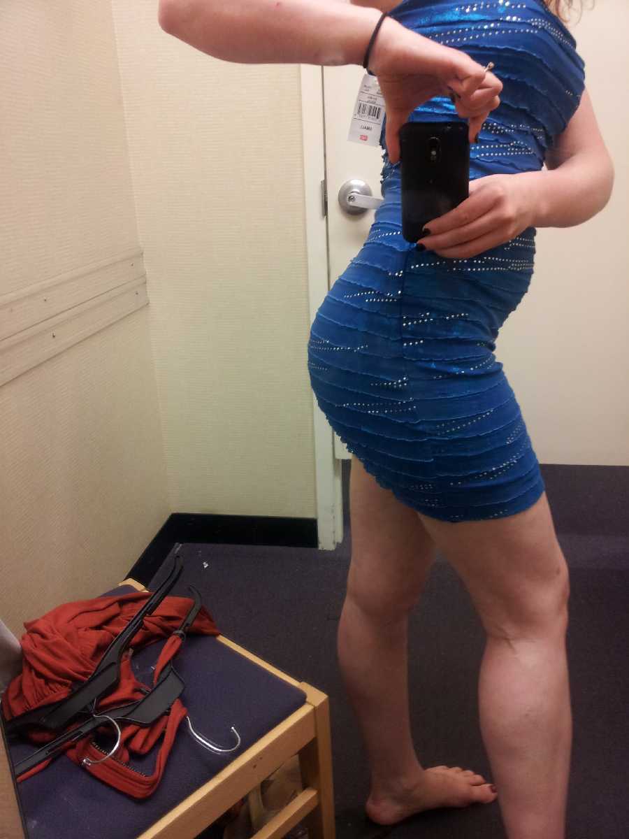 Panty Flash under Blue Dress Dare!