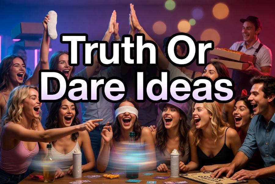 Group of laughing adults playing a wild truth or dare game at a lively house party with drinks and snacks on the table