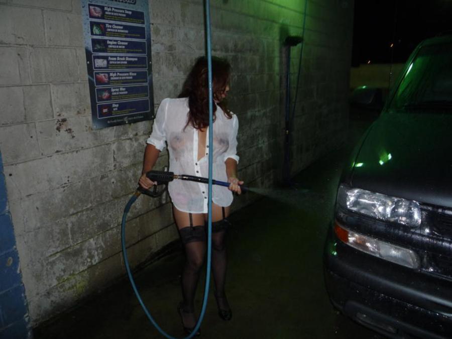 Frisky Wife Washing car Naked